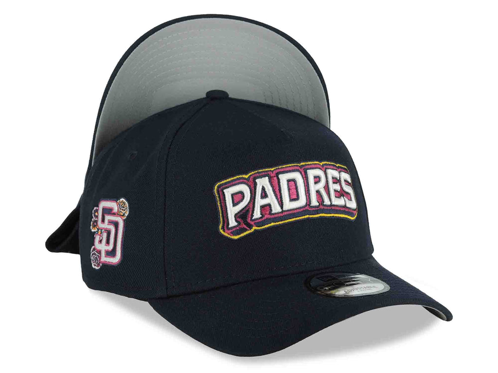 San Diego Padres New Era MLB 9FORTY 940 Adjustable A-Frame Cap Hat Navy Blue Crown/Visor White/Magenta/Yellow Script Logo SD Patch (2026 City Connect 2.0)