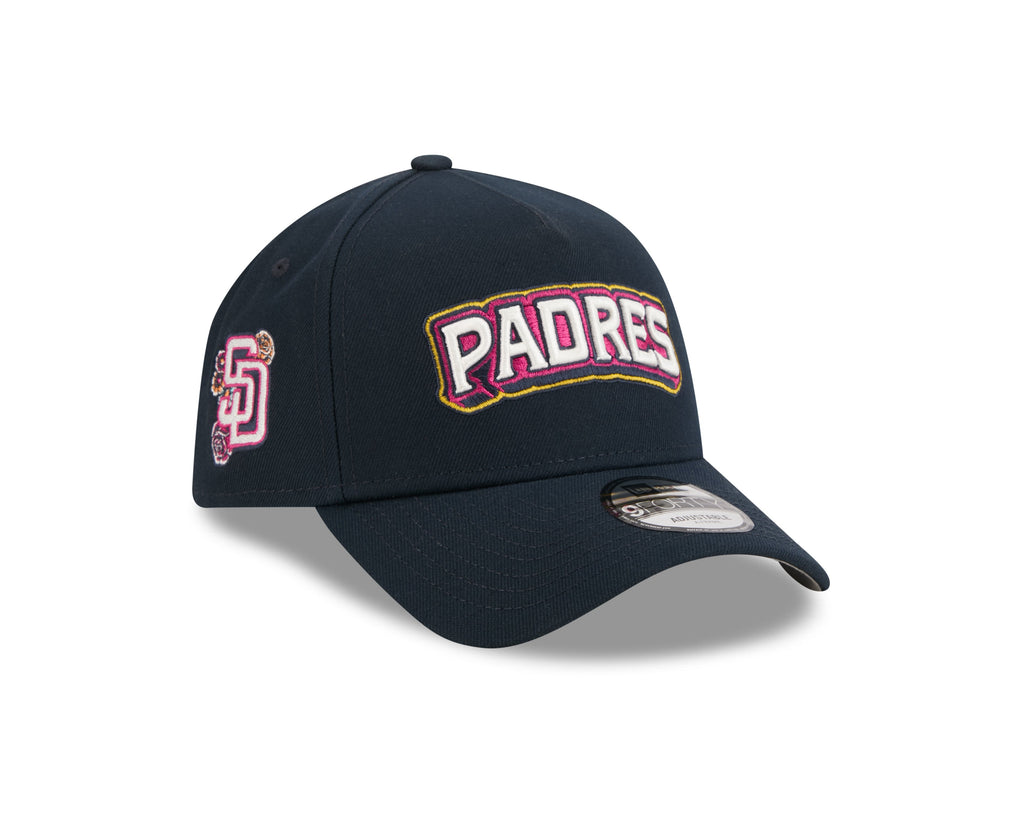 San Diego Padres New Era MLB 9FORTY 940 Adjustable A-Frame Cap Hat Navy Blue Crown/Visor White/Magenta/Yellow Script Logo SD Patch (2026 City Connect 2.0)