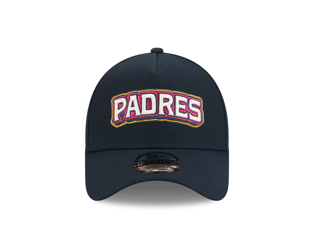 San Diego Padres New Era MLB 9FORTY 940 Adjustable A-Frame Cap Hat Navy Blue Crown/Visor White/Magenta/Yellow Script Logo SD Patch (2026 City Connect 2.0)
