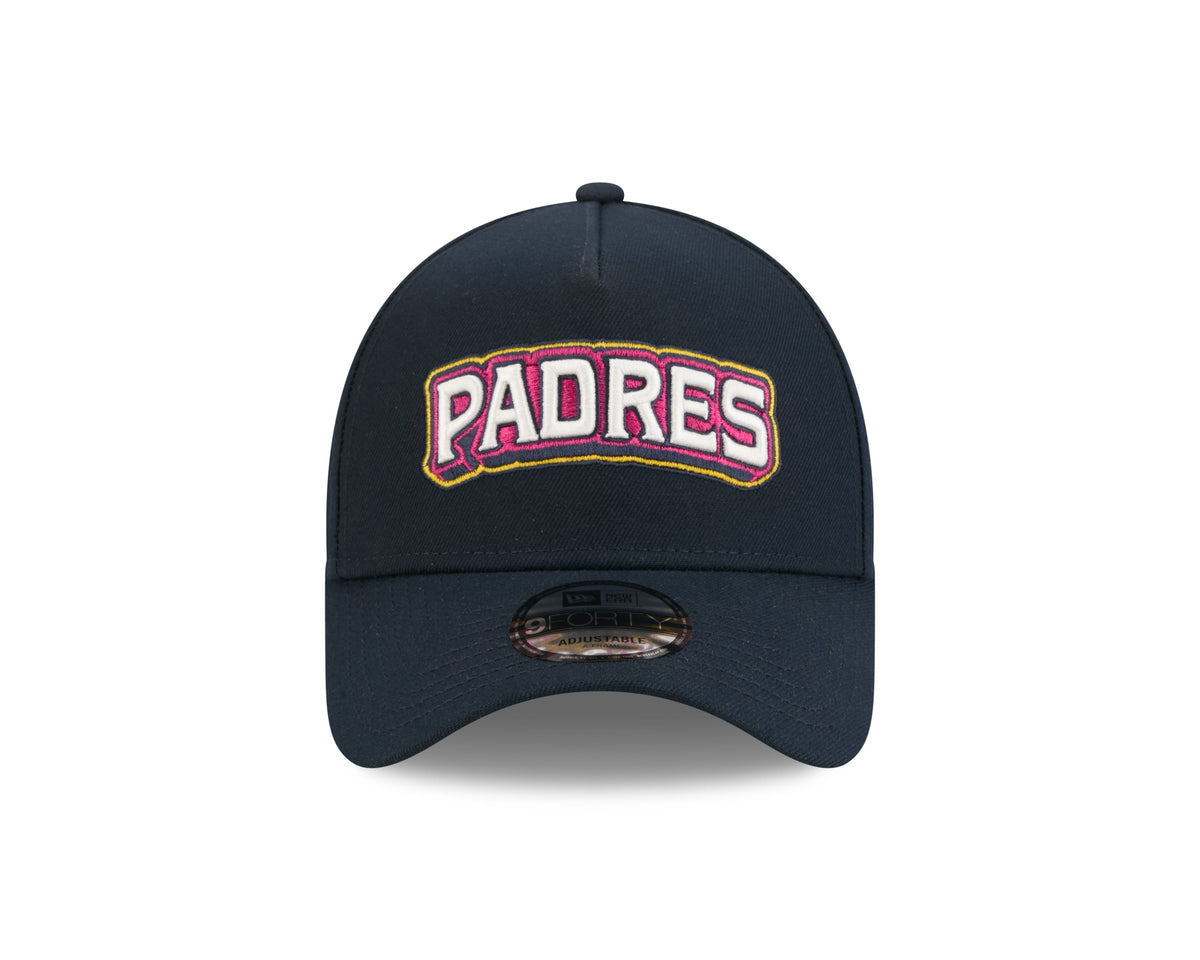 San Diego Padres New Era MLB 9FORTY 940 Adjustable A-Frame Cap Hat Navy Blue Crown/Visor White/Magenta/Yellow Script Logo SD Patch (2026 City Connect 2.0)