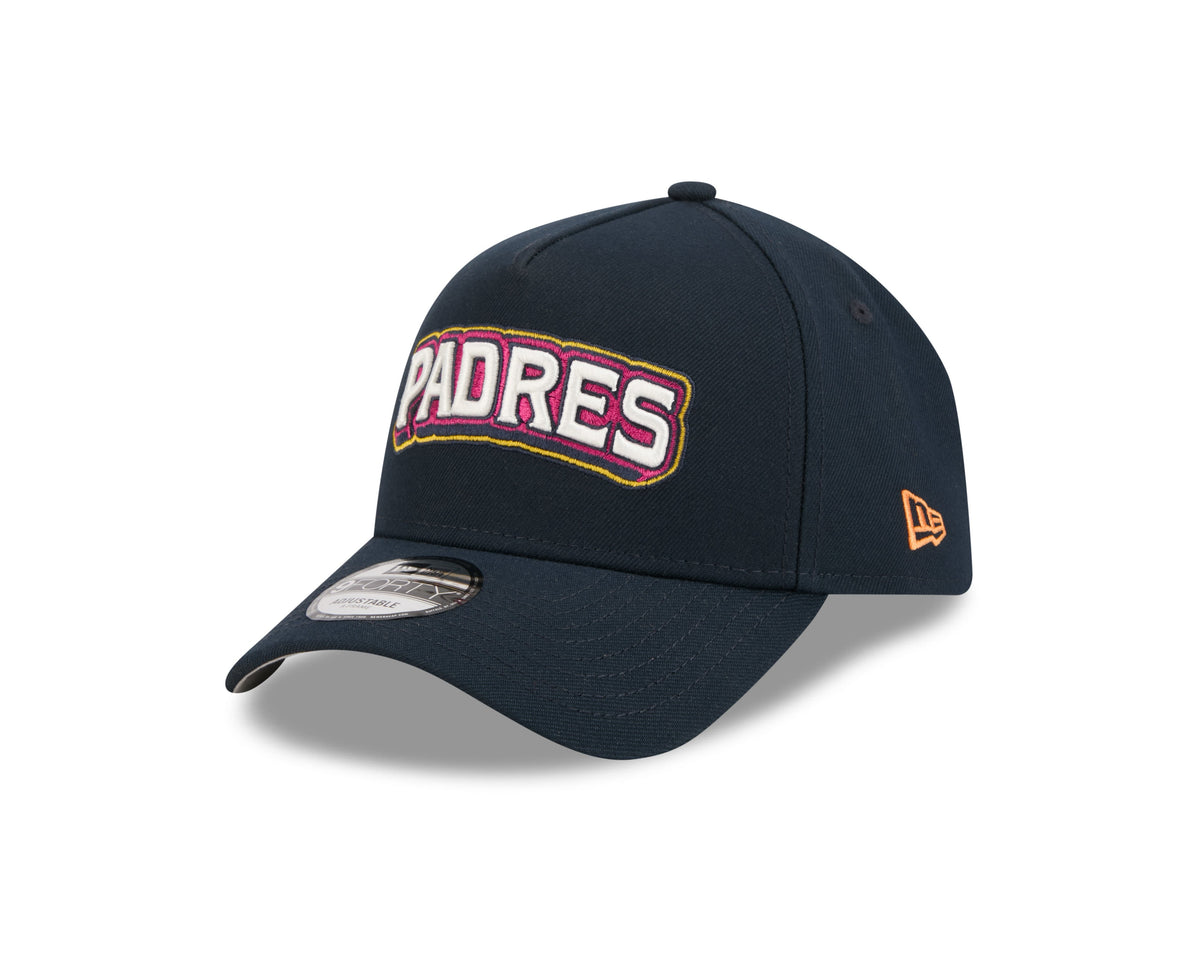 San Diego Padres New Era MLB 9FORTY 940 Adjustable A-Frame Cap Hat Navy Blue Crown/Visor White/Magenta/Yellow Script Logo SD Patch (2026 City Connect 2.0)