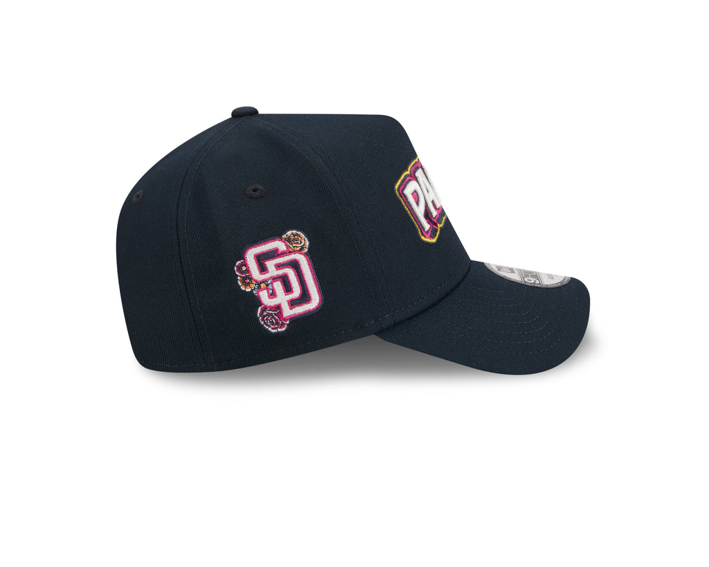 San Diego Padres New Era MLB 9FORTY 940 Adjustable A-Frame Cap Hat Navy Blue Crown/Visor White/Magenta/Yellow Script Logo SD Patch (2026 City Connect 2.0)