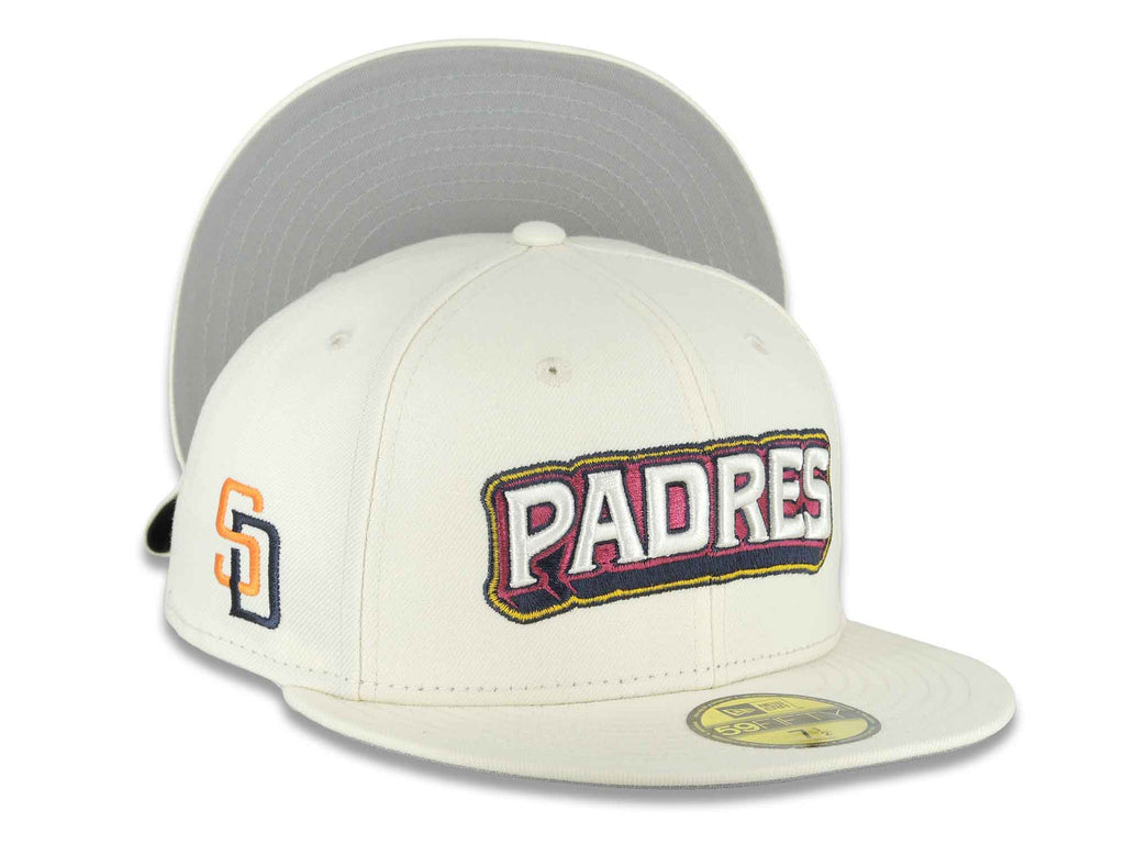 San Diego Padres New Era MLB 59FIFTY 5950 Fitted Cap Hat Chrome White Crown/Visor White/Magenta/Yellow Script Logo SD Side Patch (2026 City Connect 2.0)