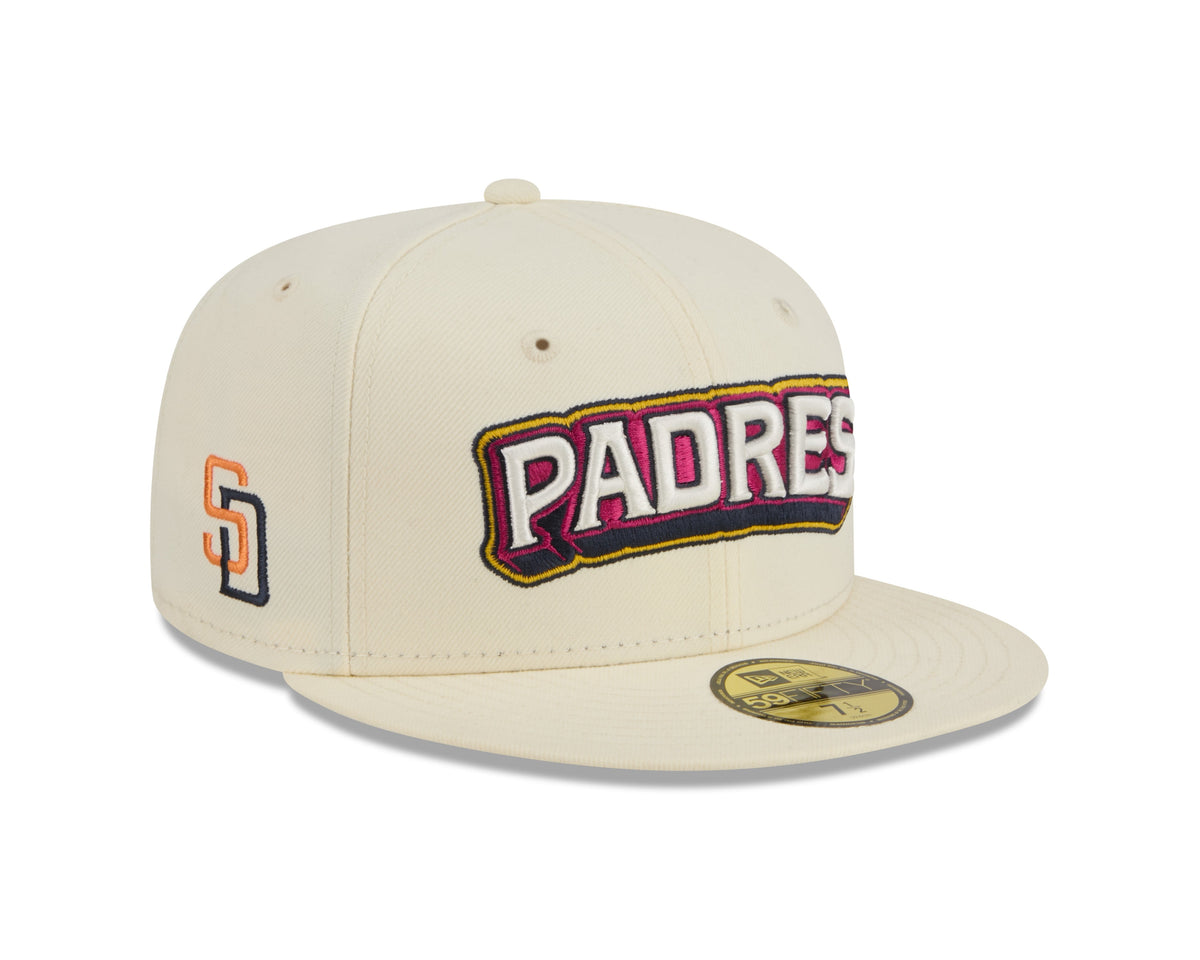 San Diego Padres New Era MLB 59FIFTY 5950 Fitted Cap Hat Chrome White Crown/Visor White/Magenta/Yellow Script Logo SD Side Patch (2026 City Connect 2.0)