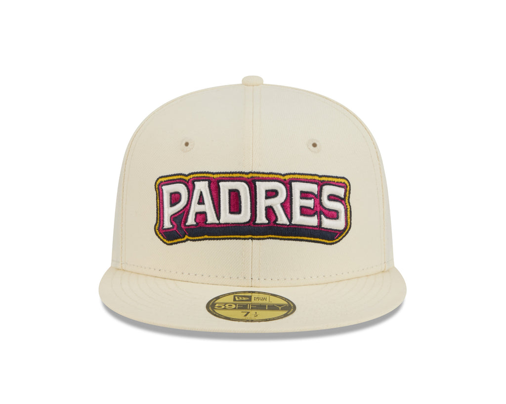 San Diego Padres New Era MLB 59FIFTY 5950 Fitted Cap Hat Chrome White Crown/Visor White/Magenta/Yellow Script Logo SD Side Patch (2026 City Connect 2.0)