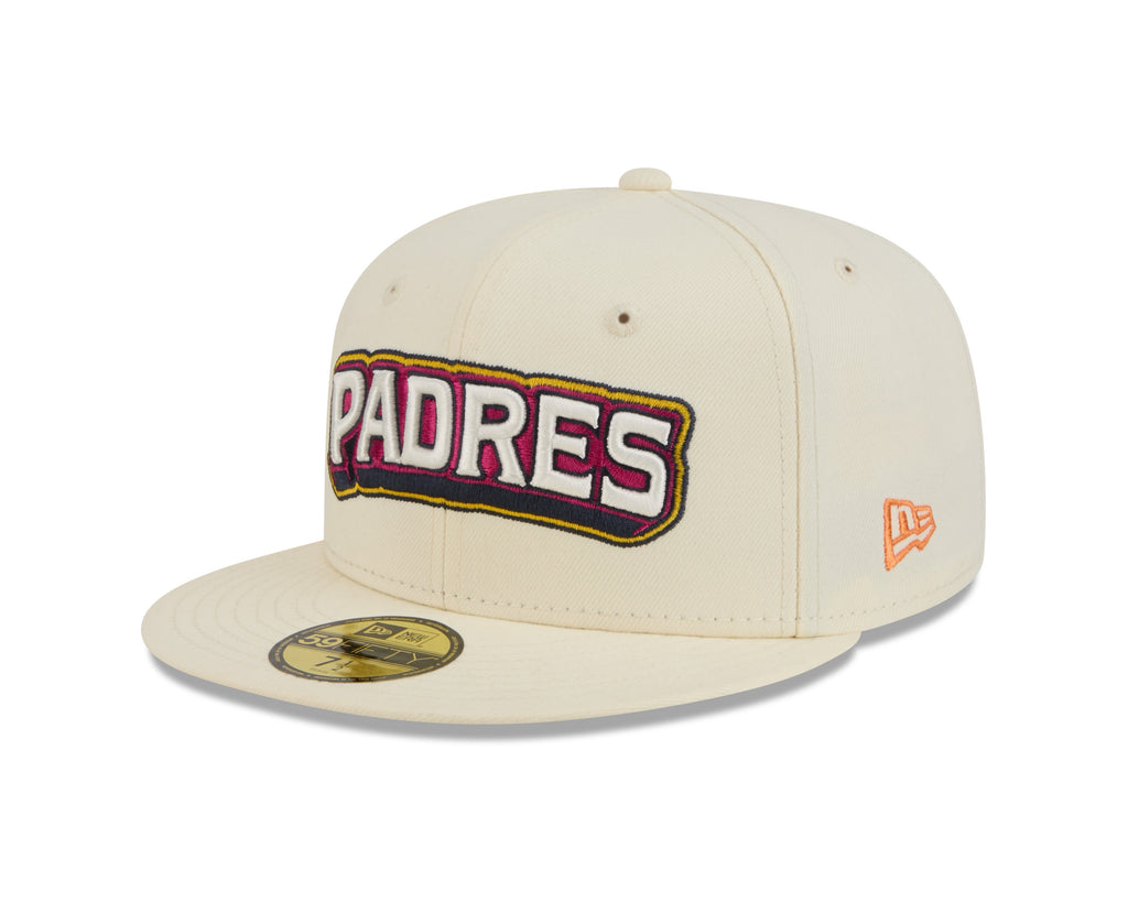 San Diego Padres New Era MLB 59FIFTY 5950 Fitted Cap Hat Chrome White Crown/Visor White/Magenta/Yellow Script Logo SD Side Patch (2026 City Connect 2.0)