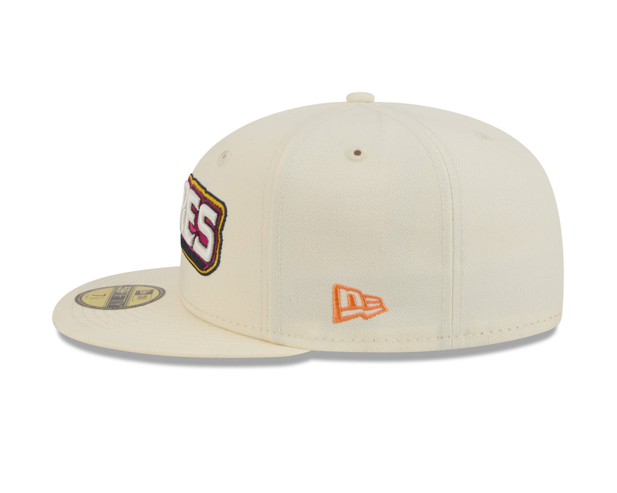 San Diego Padres New Era MLB 59FIFTY 5950 Fitted Cap Hat Chrome White Crown/Visor White/Magenta/Yellow Script Logo SD Side Patch (2026 City Connect 2.0)