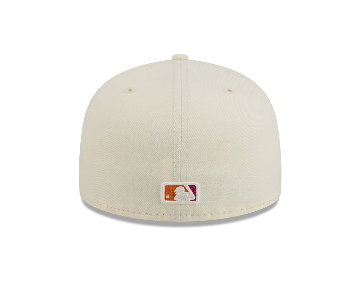 San Diego Padres New Era MLB 59FIFTY 5950 Fitted Cap Hat Chrome White Crown/Visor White/Magenta/Yellow Script Logo SD Side Patch (2026 City Connect 2.0)
