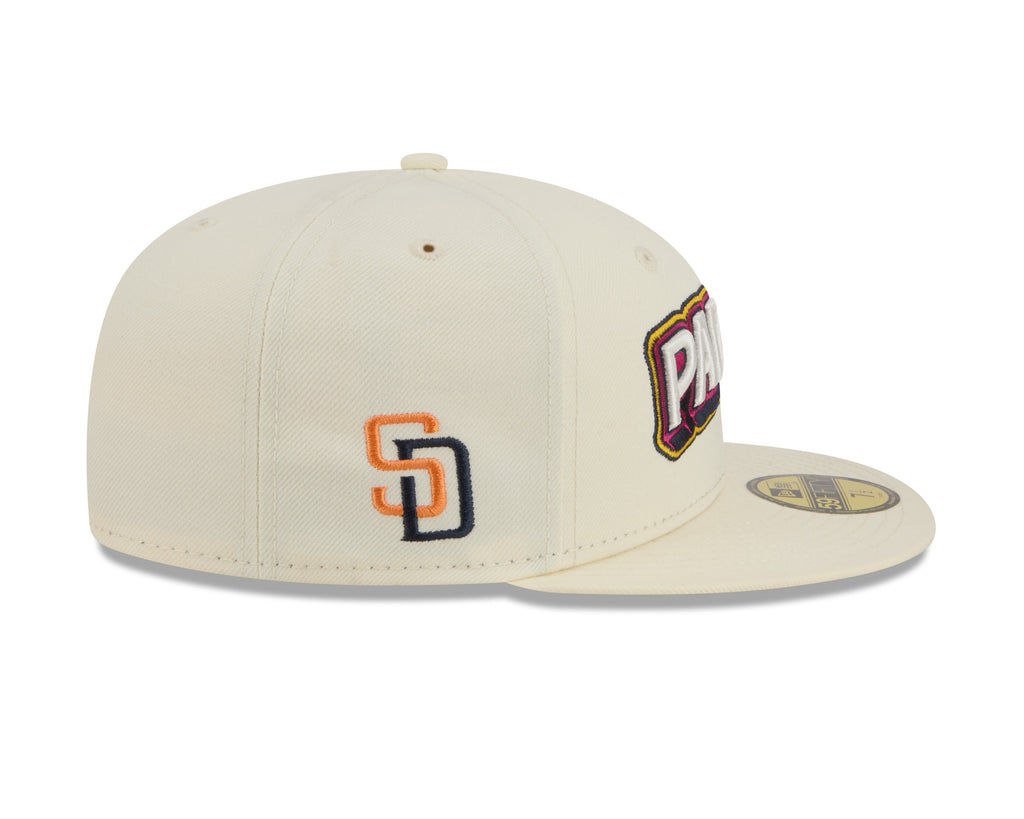 San Diego Padres New Era MLB 59FIFTY 5950 Fitted Cap Hat Chrome White Crown/Visor White/Magenta/Yellow Script Logo SD Side Patch (2026 City Connect 2.0)