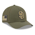 San Diego Padres New Era MLB 9FORTY 940 M-Crown A-Frame Cap Hat Olive Crown/Visor Olive Logo US Flag (2026 Armed Forces Day)