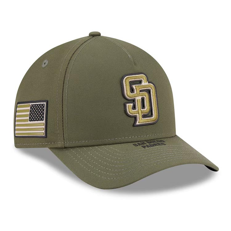 San Diego Padres New Era MLB 9FORTY 940 M-Crown A-Frame Cap Hat Olive Crown/Visor Olive Logo US Flag (2026 Armed Forces Day)