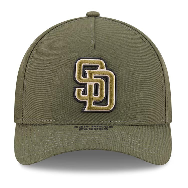 San Diego Padres New Era MLB 9FORTY 940 M-Crown A-Frame Cap Hat Olive Crown/Visor Olive Logo US Flag (2026 Armed Forces Day)