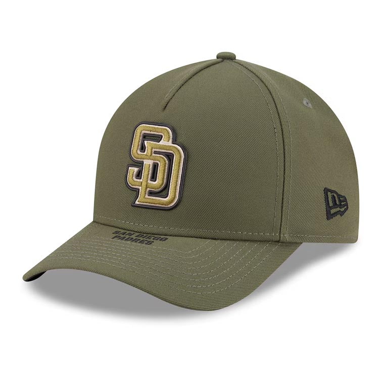 San Diego Padres New Era MLB 9FORTY 940 M-Crown A-Frame Cap Hat Olive Crown/Visor Olive Logo US Flag (2026 Armed Forces Day)