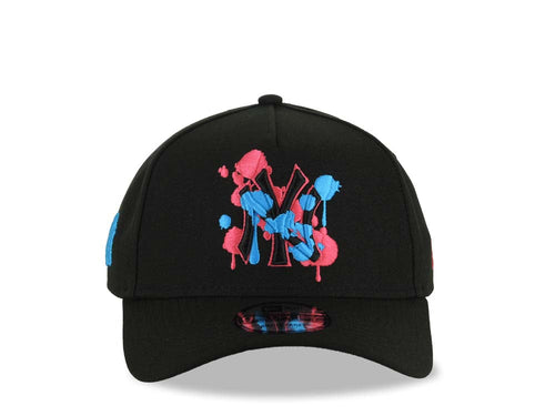 (Capland Exclusive) New York Yankees New Era MLB 9FORTY 940 Adjustable A-Frame Black Cap Hat Black/Magenta/Turquoise Splatter Logo