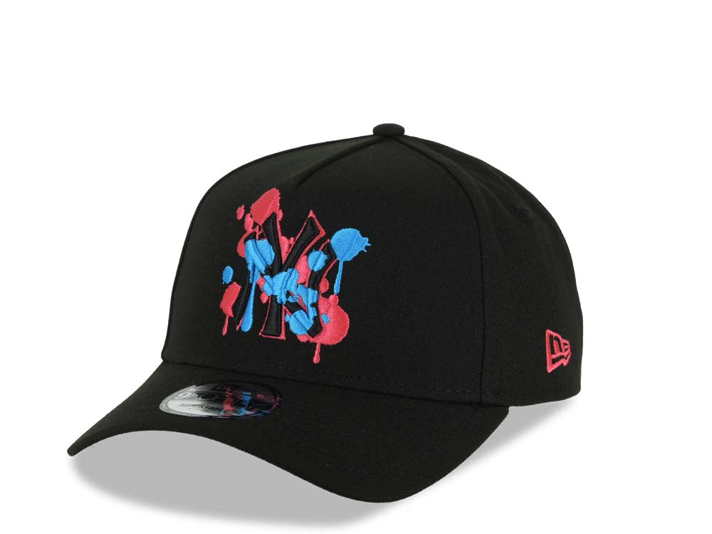 (Capland Exclusive) New York Yankees New Era MLB 9FORTY 940 Adjustable A-Frame Black Cap Hat Black/Magenta/Turquoise Splatter Logo