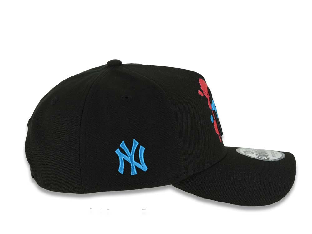 (Capland Exclusive) New York Yankees New Era MLB 9FORTY 940 Adjustable A-Frame Black Cap Hat Black/Magenta/Turquoise Splatter Logo