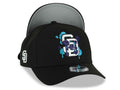(Capland Exclusive) San Diego Padres New Era MLB 9FORTY 940 Adjustable A-Frame Black Cap Hat White/Purple/Turquoise Splatter Logo