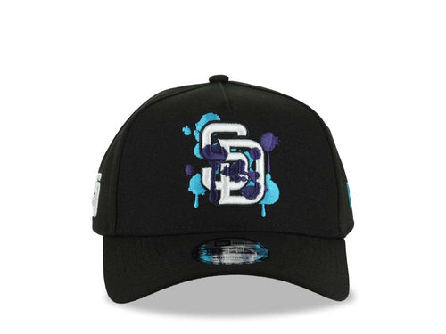 (Capland Exclusive) San Diego Padres New Era MLB 9FORTY 940 Adjustable A-Frame Black Cap Hat White/Purple/Turquoise Splatter Logo