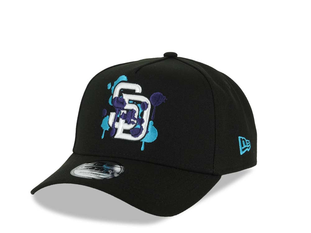 (Capland Exclusive) San Diego Padres New Era MLB 9FORTY 940 Adjustable A-Frame Black Cap Hat White/Purple/Turquoise Splatter Logo