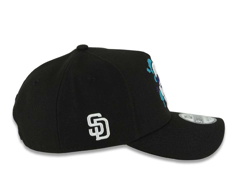 (Capland Exclusive) San Diego Padres New Era MLB 9FORTY 940 Adjustable A-Frame Black Cap Hat White/Purple/Turquoise Splatter Logo