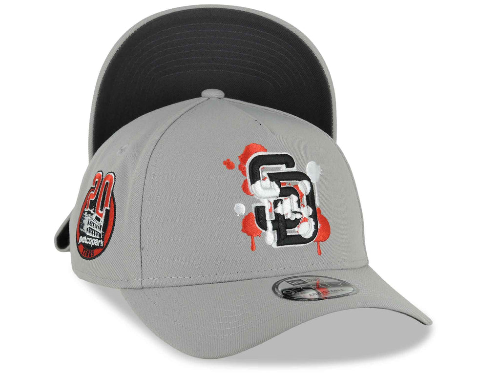 (Capland Exclusive) San Diego Padres New Era MLB 9FORTY 940 Adjustable A-Frame Gray Cap Hat Black/White/Red Splatter Logo Petco Park 20 Years Patch