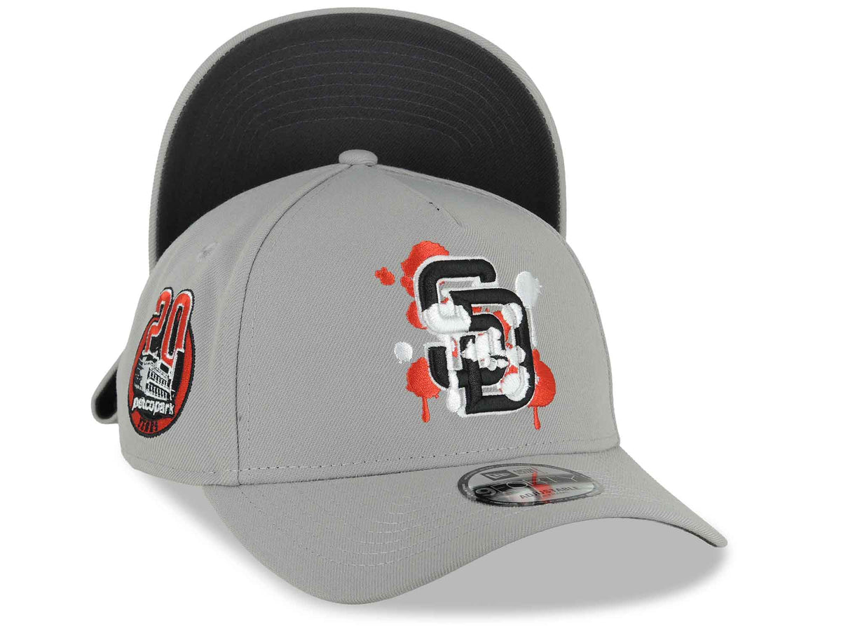 (Capland Exclusive) San Diego Padres New Era MLB 9FORTY 940 Adjustable A-Frame Gray Cap Hat Black/White/Red Splatter Logo Petco Park 20 Years Patch
