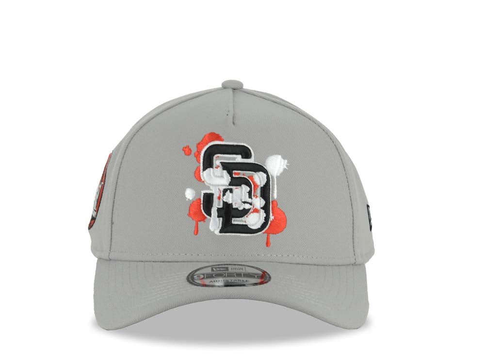 (Capland Exclusive) San Diego Padres New Era MLB 9FORTY 940 Adjustable A-Frame Gray Cap Hat Black/White/Red Splatter Logo Petco Park 20 Years Patch
