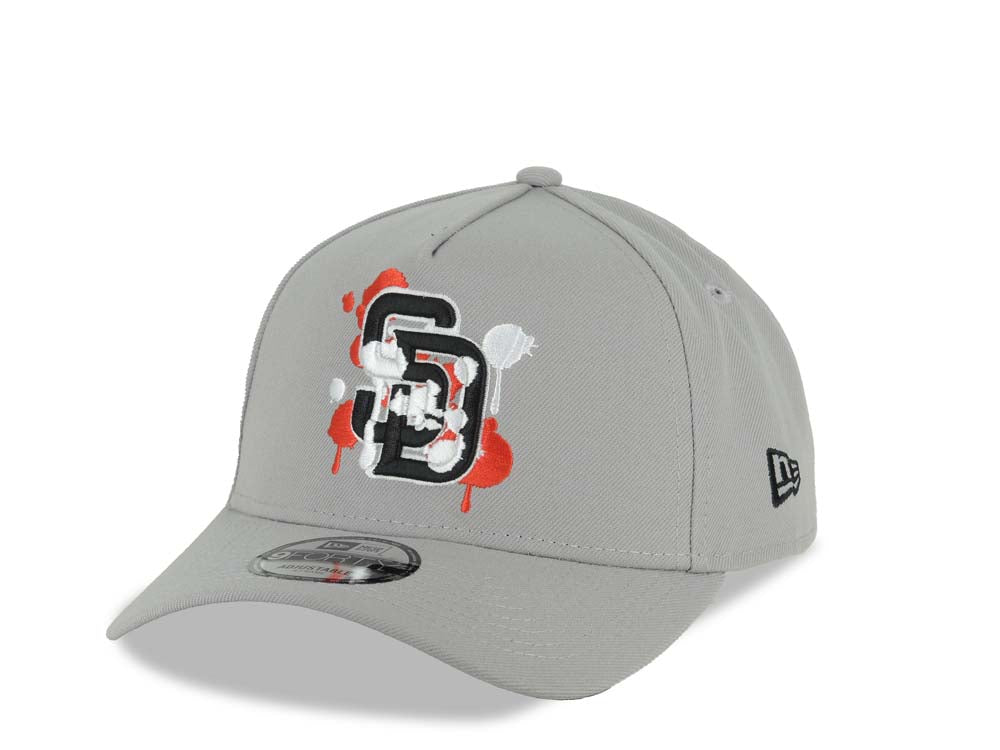 (Capland Exclusive) San Diego Padres New Era MLB 9FORTY 940 Adjustable A-Frame Gray Cap Hat Black/White/Red Splatter Logo Petco Park 20 Years Patch