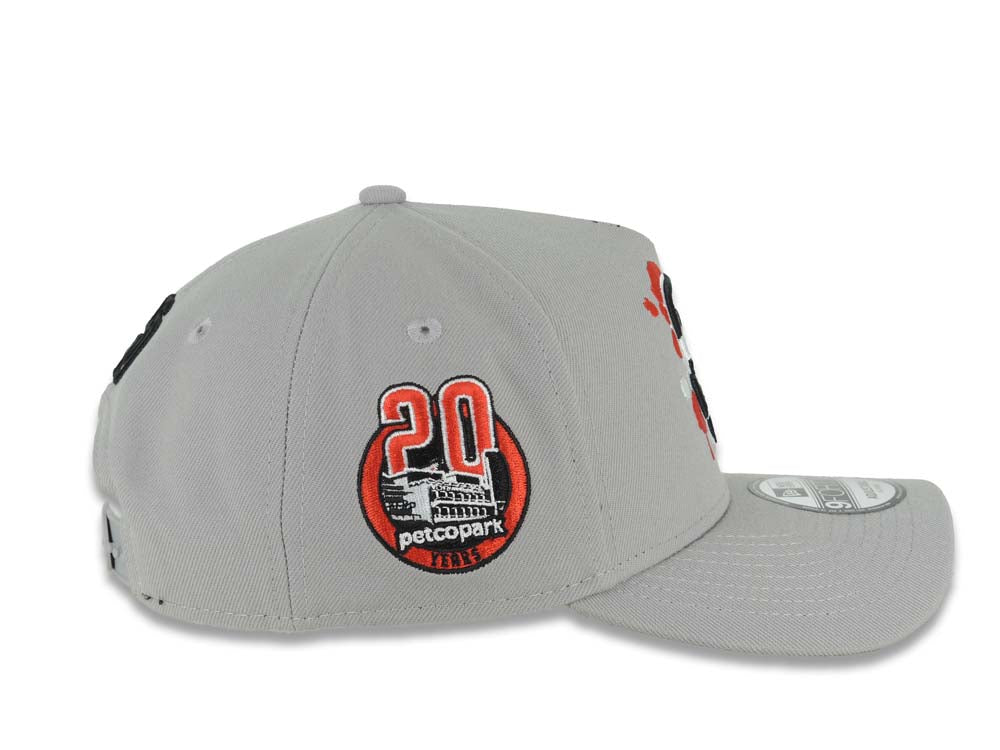 (Capland Exclusive) San Diego Padres New Era MLB 9FORTY 940 Adjustable A-Frame Gray Cap Hat Black/White/Red Splatter Logo Petco Park 20 Years Patch