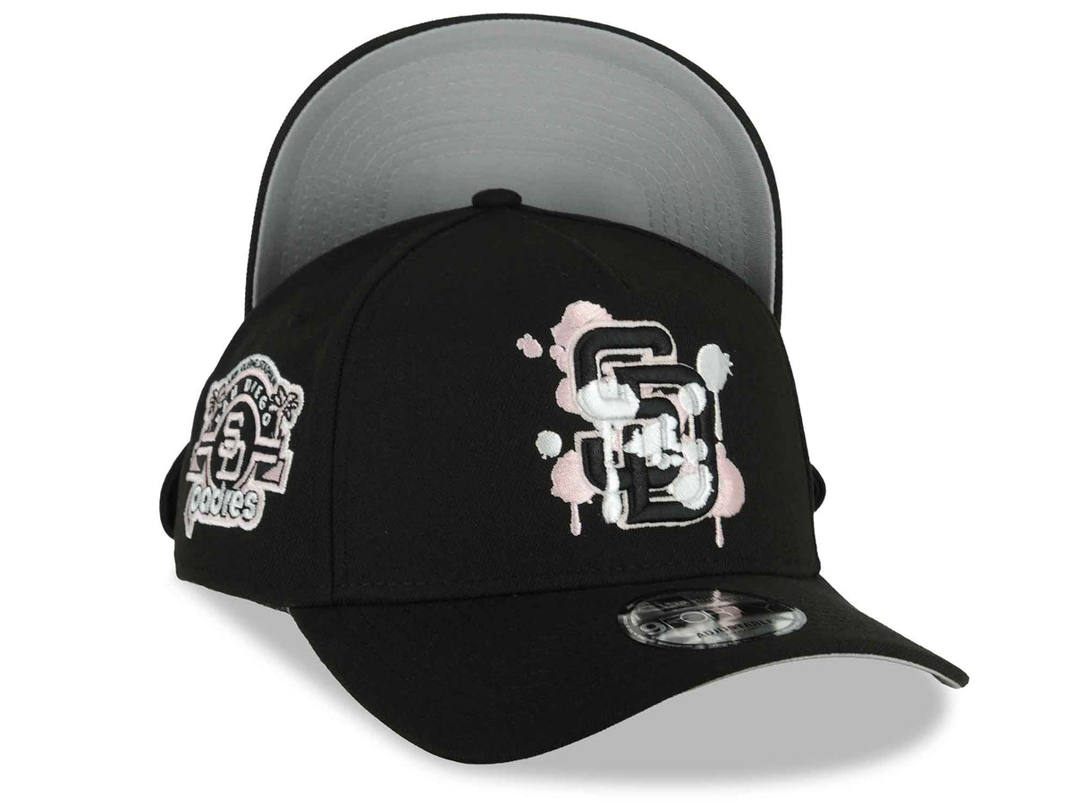 (Capland Exclusive) San Diego Padres New Era MLB 9FORTY 940 Adjustable A-Frame Black Cap Hat Black/White/Pink Splatter Logo Stadium Side Patch