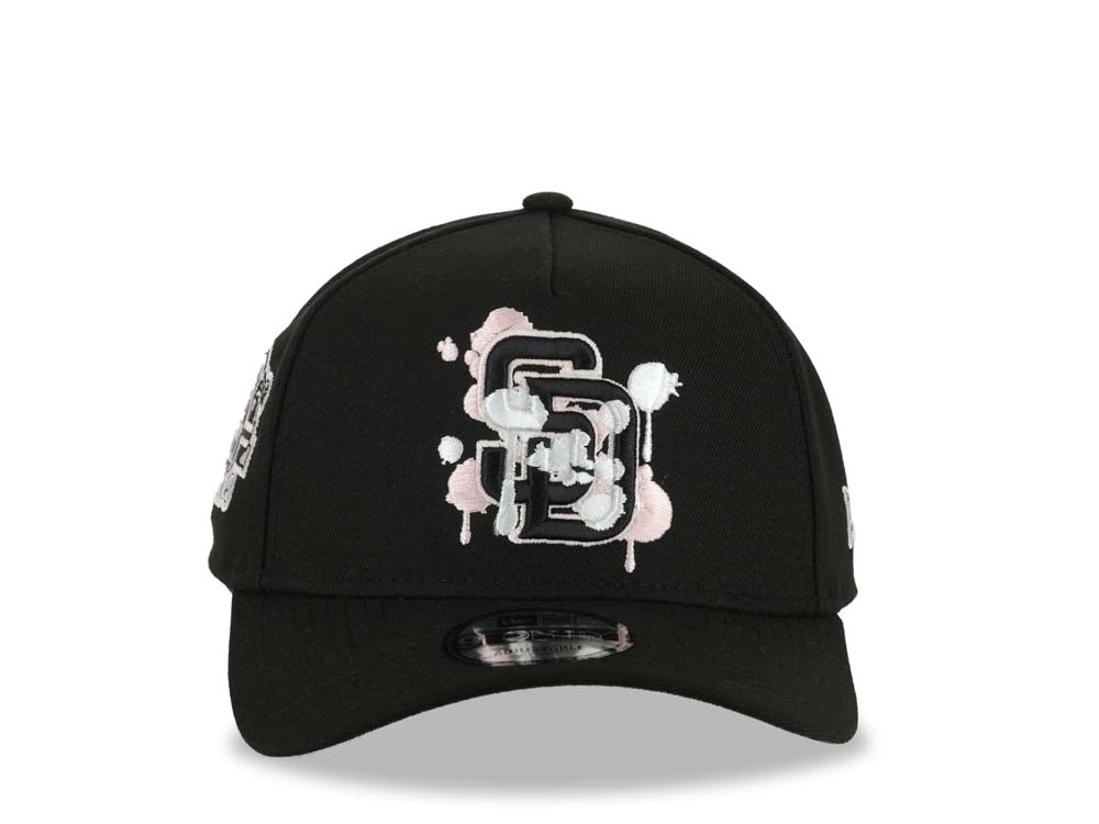 (Capland Exclusive) San Diego Padres New Era MLB 9FORTY 940 Adjustable A-Frame Black Cap Hat Black/White/Pink Splatter Logo Stadium Side Patch