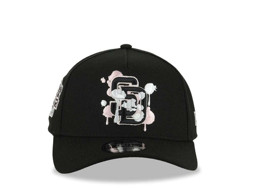 (Capland Exclusive) San Diego Padres New Era MLB 9FORTY 940 Adjustable A-Frame Black Cap Hat Black/White/Pink Splatter Logo Stadium Side Patch