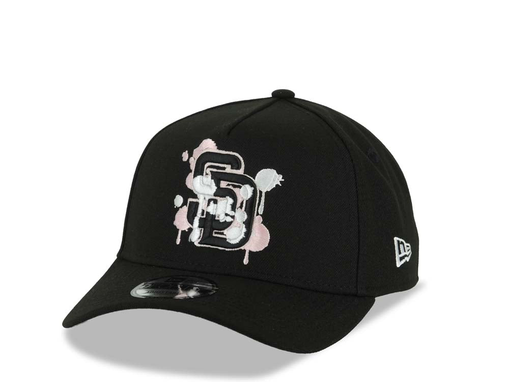 (Capland Exclusive) San Diego Padres New Era MLB 9FORTY 940 Adjustable A-Frame Black Cap Hat Black/White/Pink Splatter Logo Stadium Side Patch