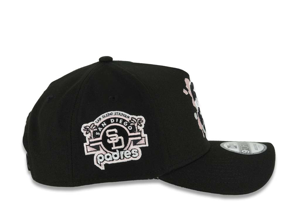 (Capland Exclusive) San Diego Padres New Era MLB 9FORTY 940 Adjustable A-Frame Black Cap Hat Black/White/Pink Splatter Logo Stadium Side Patch