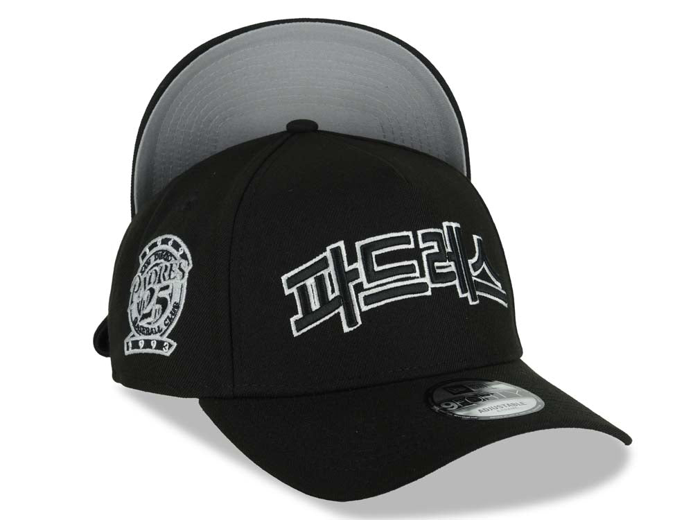 San Diego Padres New Era MLB 9FORTY 940 Adjustable A-Frame Cap Hat Black Crown/Visor Blakc/White Korean Logo 25th Anniversary Side Patch Gray UV
