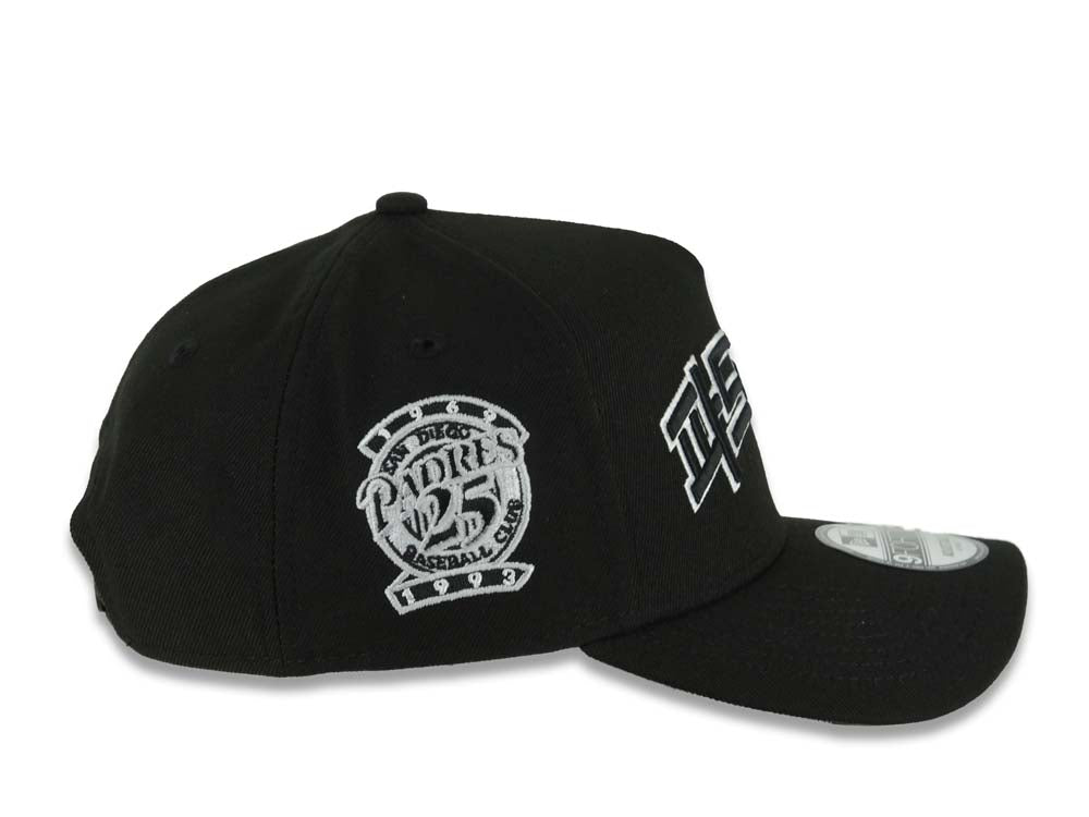 San Diego Padres New Era MLB 9FORTY 940 Adjustable A-Frame Cap Hat Black Crown/Visor Blakc/White Korean Logo 25th Anniversary Side Patch Gray UV