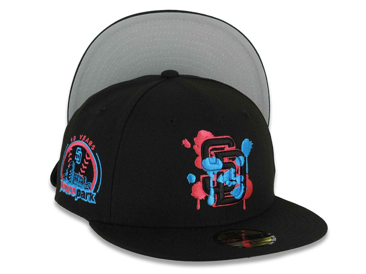 (Capland Exclusive) San Diego Padres New Era MLB 59FIFTY 5950 Fitted Black Cap Hat Black/Magenta/Turquoise Splatter Logo Petco Park 10 Years Patch