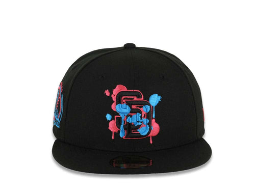 (Capland Exclusive) San Diego Padres New Era MLB 59FIFTY 5950 Fitted Black Cap Hat Black/Magenta/Turquoise Splatter Logo Petco Park 10 Years Patch