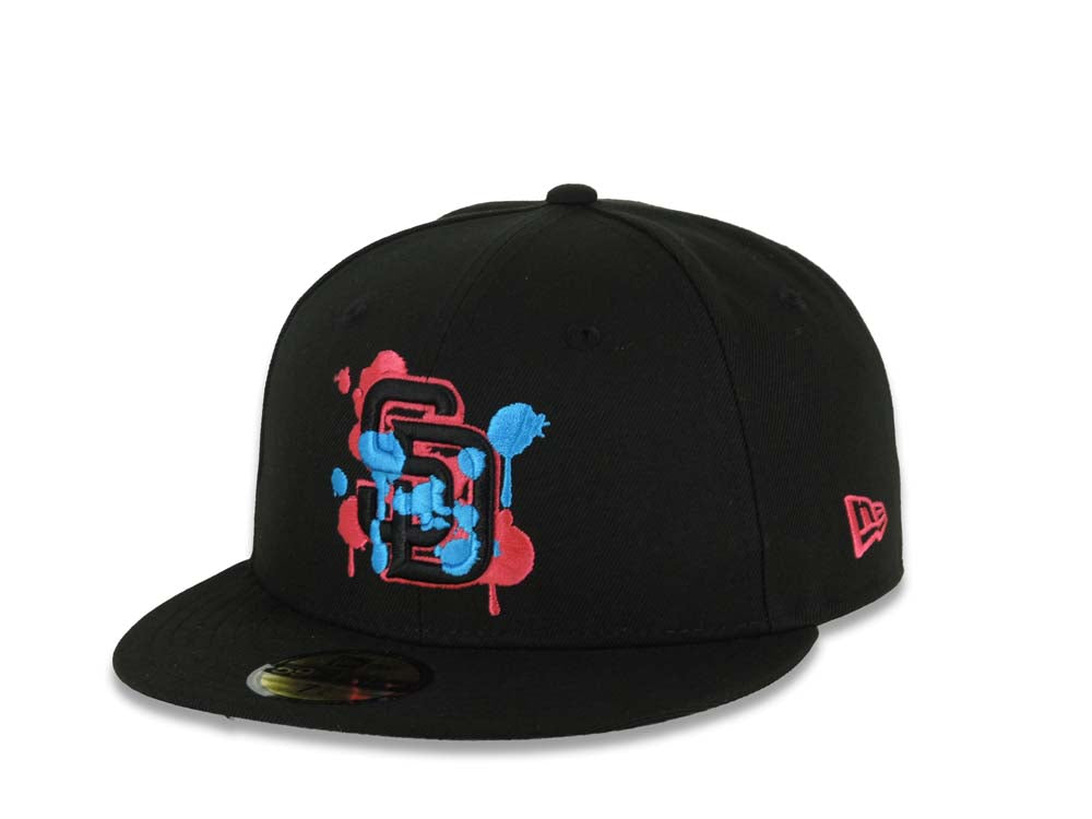 (Capland Exclusive) San Diego Padres New Era MLB 59FIFTY 5950 Fitted Black Cap Hat Black/Magenta/Turquoise Splatter Logo Petco Park 10 Years Patch