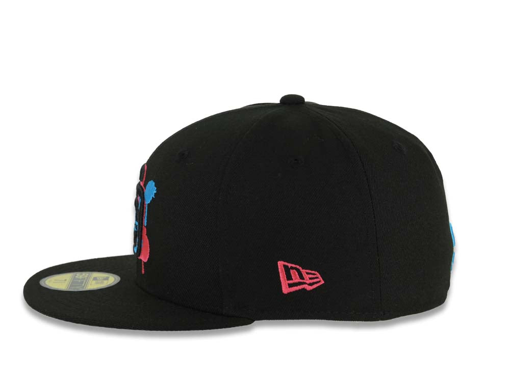 (Capland Exclusive) San Diego Padres New Era MLB 59FIFTY 5950 Fitted Black Cap Hat Black/Magenta/Turquoise Splatter Logo Petco Park 10 Years Patch