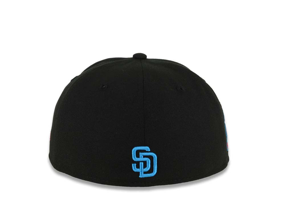 (Capland Exclusive) San Diego Padres New Era MLB 59FIFTY 5950 Fitted Black Cap Hat Black/Magenta/Turquoise Splatter Logo Petco Park 10 Years Patch