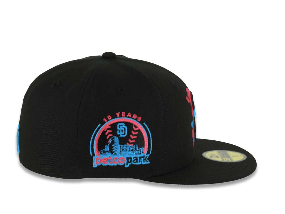 (Capland Exclusive) San Diego Padres New Era MLB 59FIFTY 5950 Fitted Black Cap Hat Black/Magenta/Turquoise Splatter Logo Petco Park 10 Years Patch