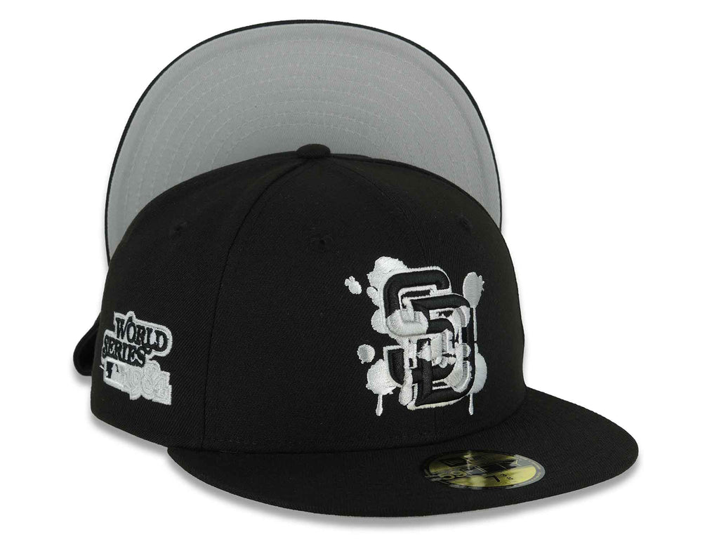 (Capland Exclusive) San Diego Padres New Era MLB 59FIFTY 5950 Fitted Black Cap Hat Black/White/Gray Splatter Logo 1984 World Series Side Patch