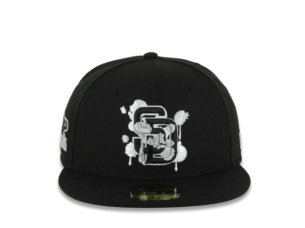 (Capland Exclusive) San Diego Padres New Era MLB 59FIFTY 5950 Fitted Black Cap Hat Black/White/Gray Splatter Logo 1984 World Series Side Patch