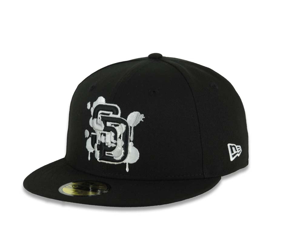 (Capland Exclusive) San Diego Padres New Era MLB 59FIFTY 5950 Fitted Black Cap Hat Black/White/Gray Splatter Logo 1984 World Series Side Patch