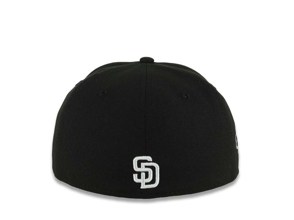 (Capland Exclusive) San Diego Padres New Era MLB 59FIFTY 5950 Fitted Black Cap Hat Black/White/Gray Splatter Logo 1984 World Series Side Patch