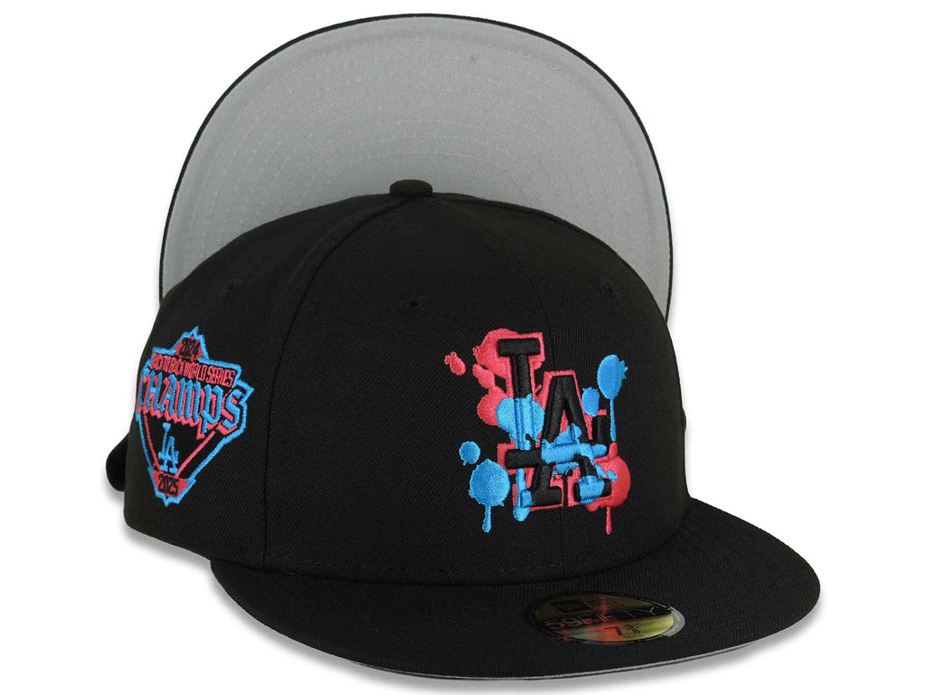(Capland Exclusive) Los Angeles Dodgers New Era MLB 59FIFTY 5950 Fitted Black Cap Hat Black/Magenta/Blue Splatter Logo 2024-25 World Series Champs