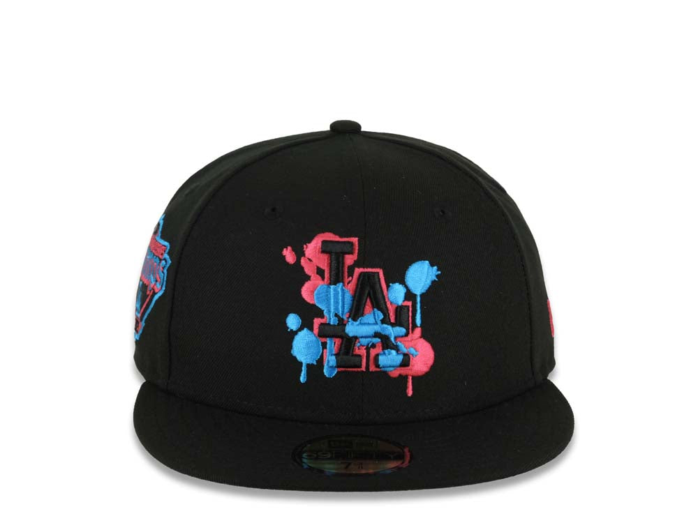 (Capland Exclusive) Los Angeles Dodgers New Era MLB 59FIFTY 5950 Fitted Black Cap Hat Black/Magenta/Blue Splatter Logo 2024-25 World Series Champs