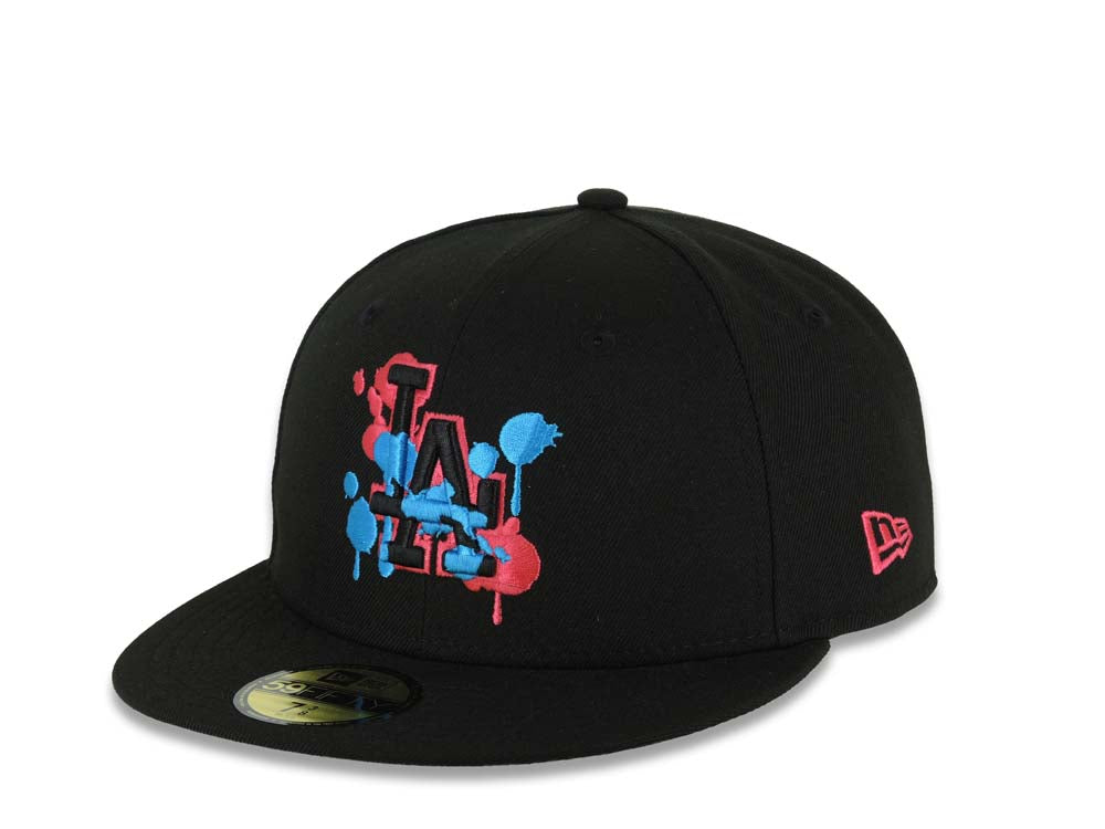 (Capland Exclusive) Los Angeles Dodgers New Era MLB 59FIFTY 5950 Fitted Black Cap Hat Black/Magenta/Blue Splatter Logo 2024-25 World Series Champs