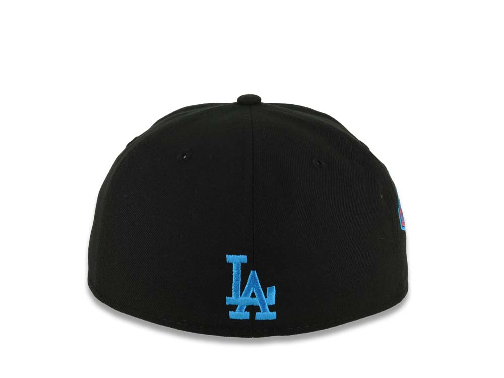 (Capland Exclusive) Los Angeles Dodgers New Era MLB 59FIFTY 5950 Fitted Black Cap Hat Black/Magenta/Blue Splatter Logo 2024-25 World Series Champs